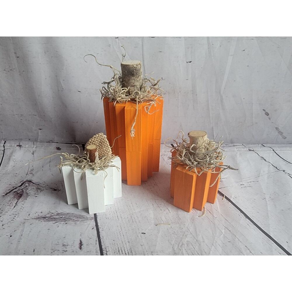 Rustic Wooden Handpaint Handmade Pumpkins Set Of 3 Fall Halloween Decor Lot 1